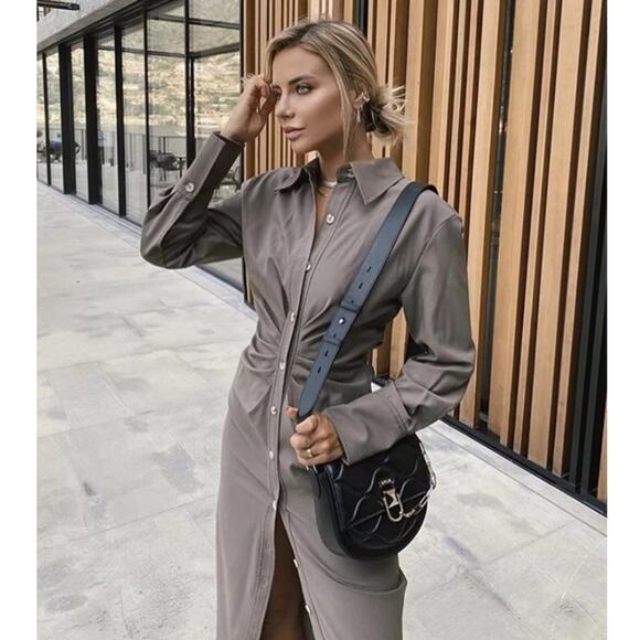 Zara | Blogger Fav Taupe Brown Draped‎ Ruched Front Midi Button-down Dress Sz M - Picture 1 of 12